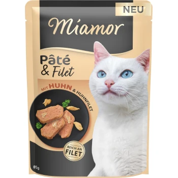 Miamor Pâté & Filet Beutel mit weiß-blauäugiger Katze, Teller mit Hühnchenpastete und sichtbaren Texten 'NEU' und 'Pâté & Filet'.
