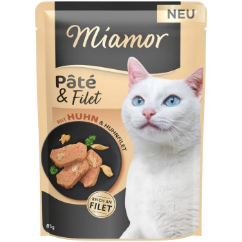 Miamor Pâté & Filet Beutel mit weiß-blauäugiger Katze, Teller mit Hühnchenpastete und sichtbaren Texten 'NEU' und 'Pâté & Filet'.