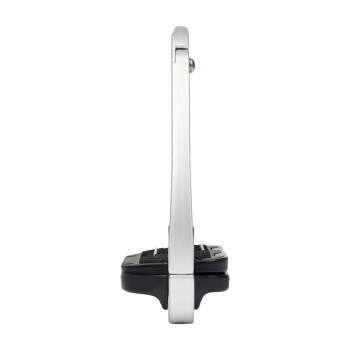 Seitenansicht eines silbernen Haustierpflegeclipper mit schwarzem Sockel, der sein schlankes Design und den ergonomischen Griff zeigt.