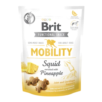 Opakowanie Brit Functional Snack dla dorosłych psów, oznaczone 'Mobility', z półwilgotnymi przysmakami z kałamarnicy wzbogaconymi ananasem.