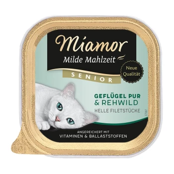 Milde Mahlzeit Senior Geflügel und Rehwild 16x100 g Miamor Mild Meal für Senioren Katzen Verpackung zeigt eine weiße Katze mit "Geflügel pur & Rehwild" und "Angereichert mit Vitaminen & Ballaststoffen."