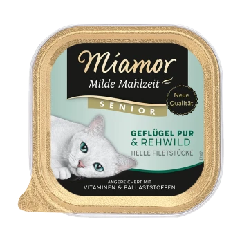 Miamor Mild Meal für Senioren Katzen Verpackung zeigt eine weiße Katze mit "Geflügel pur & Rehwild" und "Angereichert mit Vitaminen & Ballaststoffen."