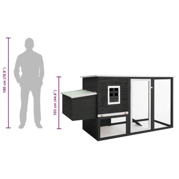 Schwarzer hölzerner Außengehege für Kaninchen mit weißer Umrandung und Drahtgitter, neben einer 180 cm großen Menschensilhouette zur Größenveranschaulichung.