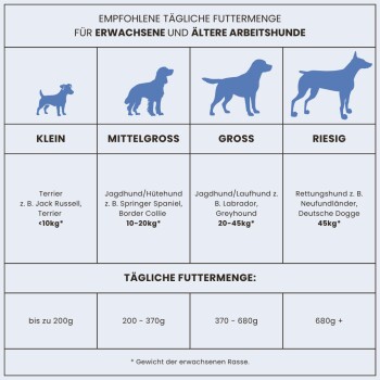 Tägliche Fütterungsempfehlungen für erwachsene und ältere Hunde nach Größe: kleine, mittlere, große und riesige Rassen, mit Gewichtsspannen und Futtermengen.