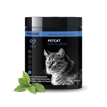 Schwarzer Behälter mit der PetCare PetCat Health 3606 Diätmischung für Katzen, mit einem Profilbild einer getigerten Katze und grünen Blättern.