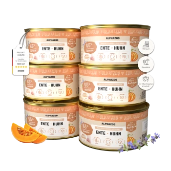 Sechs Dosen Alphazoo Katzenfutter mit der Aufschrift "Ente + Huhn" mit Kürbisscheibe und Katzenminzblüten, glutenfrei und mit Taurin angereichert.