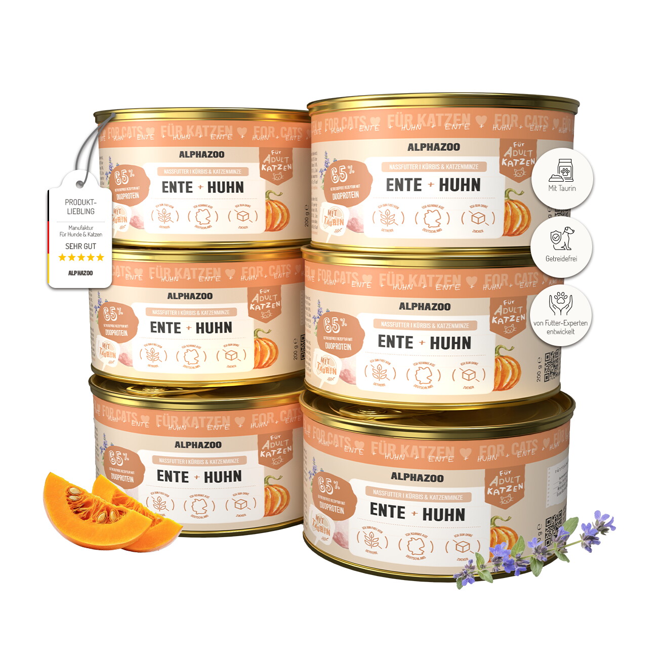 ALPHAZOO Nassfutter Ente + Huhn 6x200g für Katzen