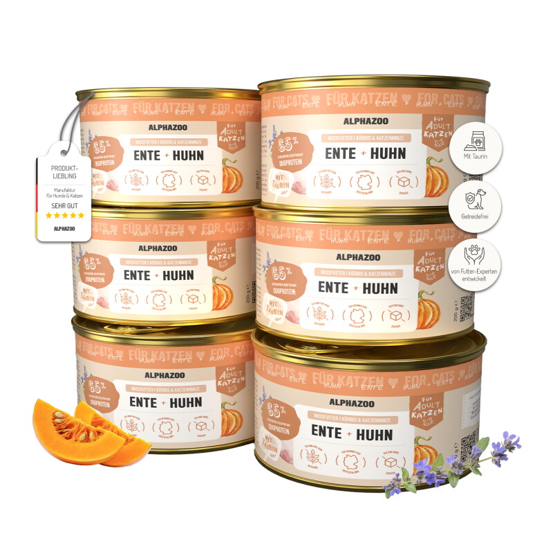 ALPHAZOO Nassfutter Ente + Huhn 6x200g für Katzen