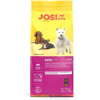 Tüte mit "JOSI DOG" glutenfreiem Futter für kleine Rassen, 2,7 kg, mit gelbem Hintergrund und Bildern von kleinen Hunderassen.