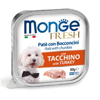 Monge Fresh Patè con Bocconcini mit Truthahn, 100 g, mit einer silbernen Verpackung und einer sichtbaren Illustration eines Truthahnstücks.