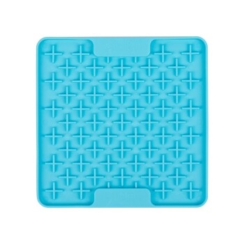 Blaues Silikon-LickiMat Mini mit einer strukturierten Oberfläche, die ein Gitter aus erhöhten Kreuzen zeigt, entworfen für die Fütterungsanreicherung von Haustieren.