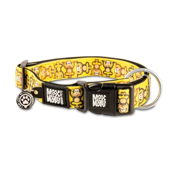 Gelbes Hundehalsband mit Cartoon-Affen, schwarzer Schnalle, Metallring und "Max & Molly Urban Pets" Logo-Anhänger.