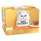 Purina Gourmet Gold Katzenfutterverpackung mit einer weißen Katze auf der Vorderseite, mit Geschmacksrichtungen wie Huhn, Rind, Thunfisch und Lachs.