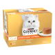 Purina Gourmet Gold Katzenfutterverpackung mit einer weißen Katze auf der Vorderseite, mit Geschmacksrichtungen wie Huhn, Rind, Thunfisch und Lachs.