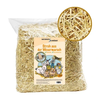 Stroh aus der Wesermarsch handverlesen 3kg Eine Tüte Stroh mit der Aufschrift "Stroh aus der Wesermarsch" von Naturhof Schröder, mit einem kreisförmigen Ausschnitt, der die Strohtextur zeigt, geeignet für Haustiere.