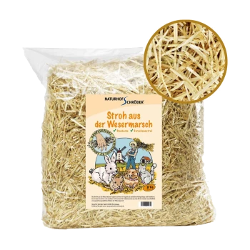 Eine Tüte Stroh mit der Aufschrift "Stroh aus der Wesermarsch" von Naturhof Schröder, mit einem kreisförmigen Ausschnitt, der die Strohtextur zeigt, geeignet für Haustiere.