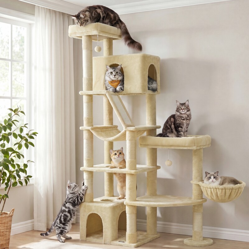 FEANDREA Kratzbaum, 188,2 cm hoch, Katzenbaum, für große Katzen, Katzenkratzbaum beige