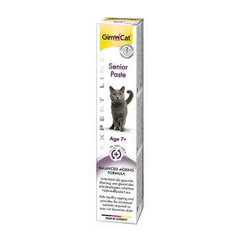 GimCat Senior Paste für Katzen ab 7 Jahren, mit einer grauen Katze auf der Verpackung, hebt eine ausgewogene Altersformel hervor, ohne Zuckerzusatz.