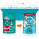 Zwei Purina ONE Katzenfutterpackungen nebeneinander: links beschriftet mit "ADULT", rechts mit "Mit RIND und KAROTTEN" und Gesundheitsvorteilen.