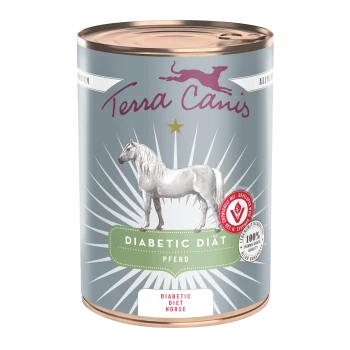 Terra Canis Dosenfutter beschriftet 'Diabetic Diät Pferd' mit Pferdeillustration und Qualitätssiegel
