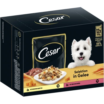 Paquet de nourriture pour chiens Cesar avec un chien blanc souriant et un plat de viande et de légumes en gelée. Texte : "Sélection en gelée," 12 x 100g portions.