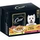 Cesar Hundefutterpackung mit einem lächelnden weißen Hund und einem Teller mit Fleisch und Gemüse in Gelee. Text: "Selektion in Gelee," 12 x 100g Portionen.