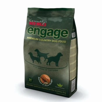 Bag of Connolly's Red Mills Engage Premium Country Dog Food featuring a salmon and rice recipe, with silhouettes of dogs and nutritional claims.