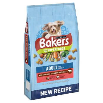 Bakers dog food bag featuring "Adult" formula with tasty beef & country vegetables, labeled as 100% complete, 14kg, new recipe.