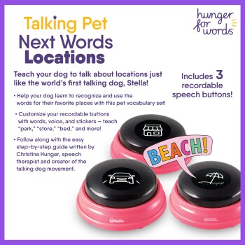 Trois boutons d'enregistrement de discours roses pour chiens, étiquetés "magasin", "voiture" et "plage !" pour aider à enseigner la communication canine.
