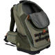 Ein grüner Haustiertrage-Rucksack mit Netzseiten, einem Reißverschluss oben und verstellbaren Riemen, mit orangefarbenen Akzenten und Schnallen.