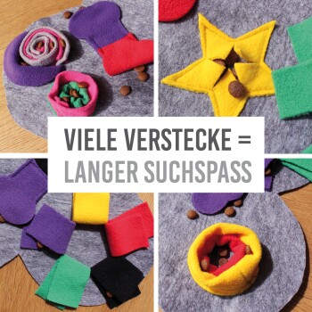 Buntes Filz-Puzzle-Matte für Haustiere mit Leckerli-Verstecken, einschließlich eines Sterns und eines Knochens, mit dem Text "VIELE VERSTECKE = LANGER SUCHSPASS."