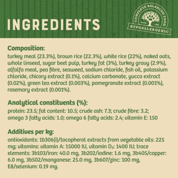 Ingredients list for a hypoallergenic pet food, detailing composition, analytical constituents, and additives per kg.