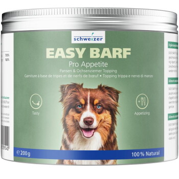 Schweizer EASY BARF Pro Appetite Hundefutter‑Topping‑Dose mit Hundebild, Symbolen „Lecker“ und „Appetitlich“, „100% natürlich“, 200 g.