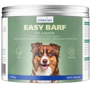 Schweizer EASY BARF Pro Appetite Hundefutter‑Topping‑Dose mit Hundebild, Symbolen „Lecker“ und „Appetitlich“, „100% natürlich“, 200 g.