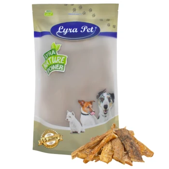 Lyra Pet Hundeleckerlis Verpackung mit einer Vielzahl von Hunden auf der Vorderseite, mit einem Haufen Leckerlis im Vordergrund.