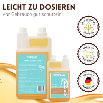 Zwei braune Pferde laufen auf einer Wiese mit einer Flasche Supravit MSM & Glucosamin Ergänzung.