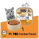 Grau getigerte Katze mit Napf Nassfutter und Dose mit Aufschrift „DOGS'n TIGER“ und „FROHSINN“; Text „Mit 70% frischem Fleisch“.