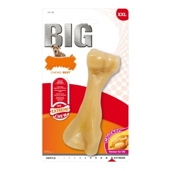 Hundekauspielzeug in Form eines Knochens, beschriftet mit "BIG CHEWS BEST", mit den Texten "EXTREME CHEW" und "Hühnchen-Geschmack für das Leben".