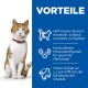 Eine Katze auf einem blauen Hintergrund listet Vorteile auf: unterstützt Schlankheit, gesunden Harntrakt und Vitalität mit hohem L-Lysin.