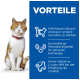 Eine Katze auf einem blauen Hintergrund listet Vorteile auf: unterstützt Schlankheit, gesunden Harntrakt und Vitalität mit hohem L-Lysin.