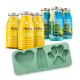 Bunte Haustiertrinkflaschen mit der Aufschrift "Huhn" und "Trinkpause" neben einem grünen Herz, Pfote und einer Silikonform für Flaschen von "SmoothieDog."