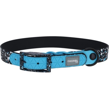 Blau-schwarz gesprenkeltes Kerbl-Halsband mit Schnalle und Metallring, beschriftet mit "KERBL pet".