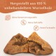 Hergestellt aus 100% unbehandeltem Wurzelholz, mit Symbolen für keine Konservierungsstoffe, Duftstoffe oder Farbstoffe.