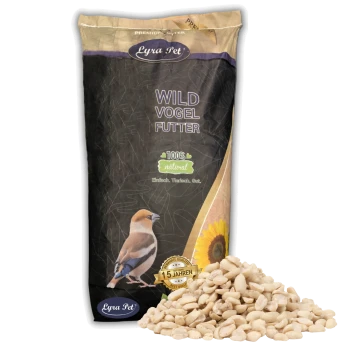 Eine Tüte Lyra Pet Wild Vogel Futter mit einer Vogelillustration und Samen, gekennzeichnet mit "100% natürlich" und "10 Jahren Best Quality."