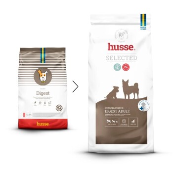 Hundefutterbeutel beschriftet mit "Digest" für empfindliche Mägen, mit einem Cartoon-Hund, mit Angaben zu glutenfrei, hypoallergen und Lammzutaten.