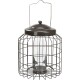 A metal bird feeder with a dark gray finish, featuring a round top and a wire cage design, allowing visibility of the feeding area.