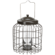 Ein Metallvogelhaus mit dunkler grauer Oberfläche, mit einem runden Deckel und einem Drahtkäfig-Design, das die Futterstelle sichtbar macht.