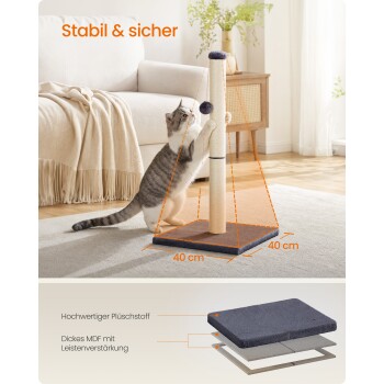 Katze kratzt an einer Vertikalstange auf 40×40 cm Basis; orangefarbener Text 'Stabil & sicher' und Aufschrift 'Hochwertiger Plüschstoff'.