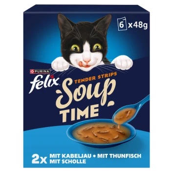 Purina Felix 'Soup Time' Katzenfutterbox mit schwarz-weißer Katze und Suppenschüssel; zeigt 6x48g, 2x mit Kabeljau/Thunfisch/Scholle.