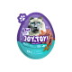 Lila-türkis eiförmige Haustiersnack-Verpackung mit Katzenmotiv, Aufschrift „JOY & TOY! 2in1 Snack + Toy“, „85,5 % Thunfisch“, „35 % Protein“.